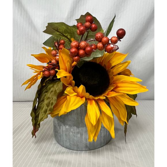 Artificial Sunflower Floral Bouquet in Round Vase Metal Vase Table Decor - Picture 4 of 5